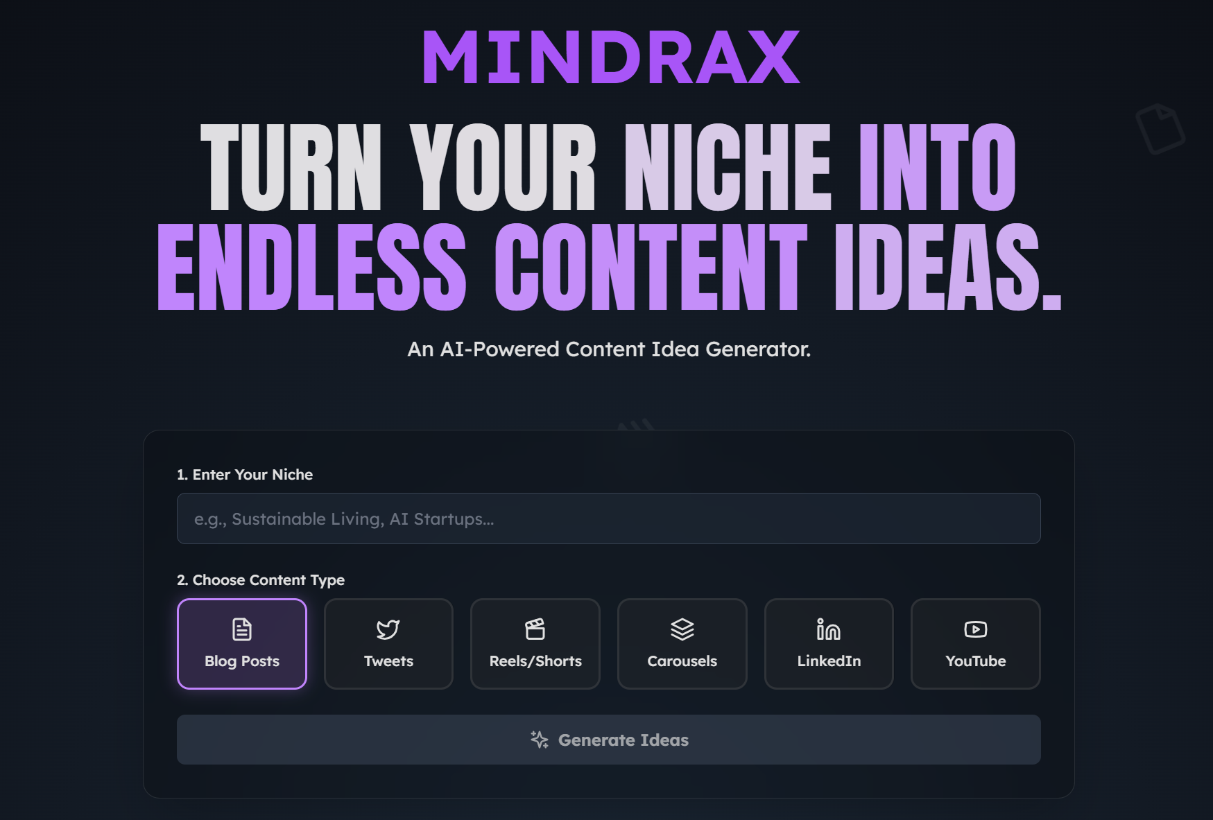 Screenshot of Mindrax - AI Idea Generator project
